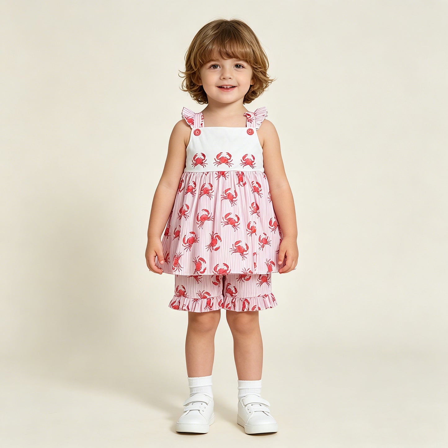 GSSO3066 RTS NO MOQ （In stock ）Flutter sleeves stripe crab tunic shorts girls outfits