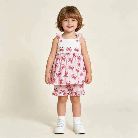GSSO3066 RTS NO MOQ （In stock ）Flutter sleeves stripe crab tunic shorts girls outfits