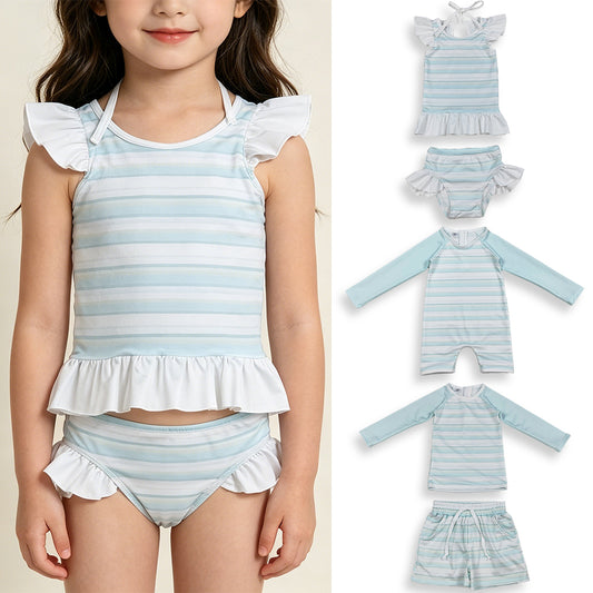 4.10 RTS Sibling Long sleeves stripe top shorts kids boys swimsuit and girls two pieces summer swimsuit