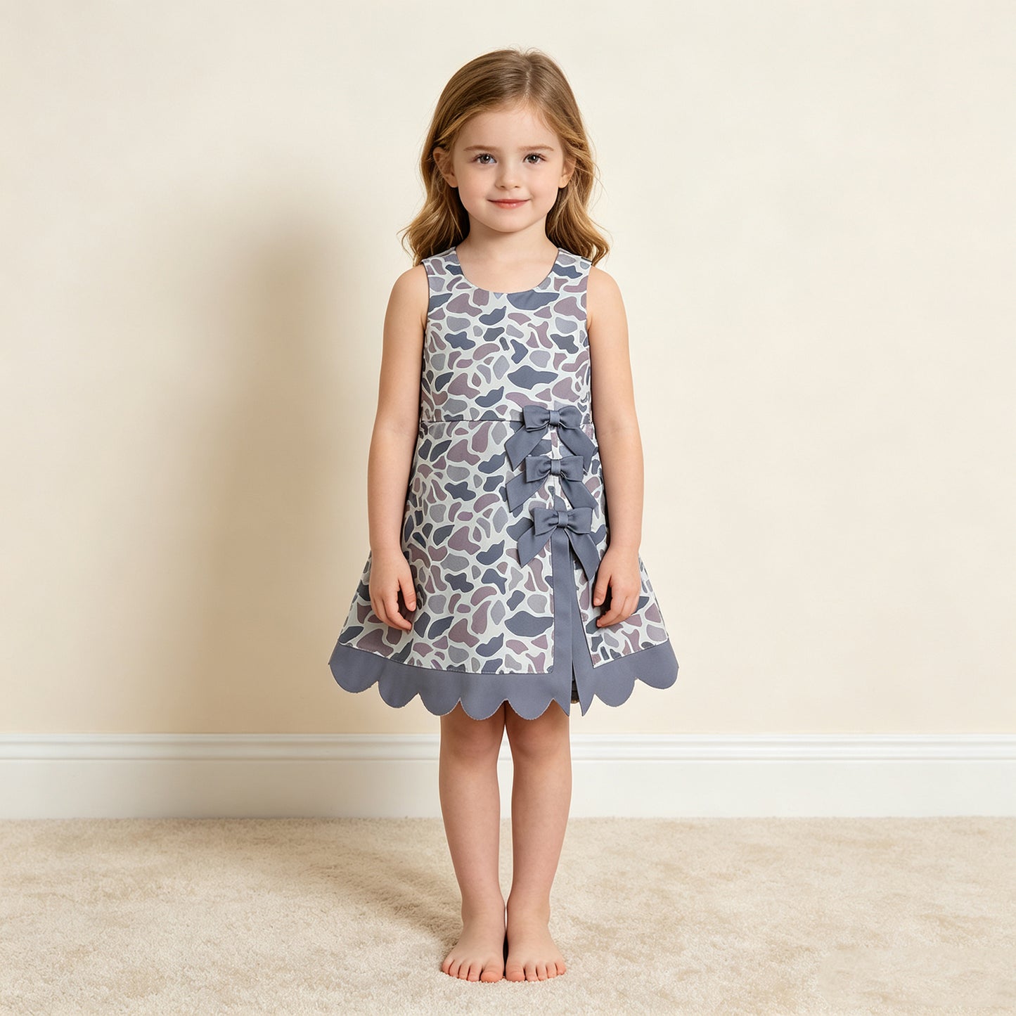 RTS NO MOQ （In stock）yoga fabric GSD4226 Baby Girls Light Gray Camo Scallop Knee Length Dress
