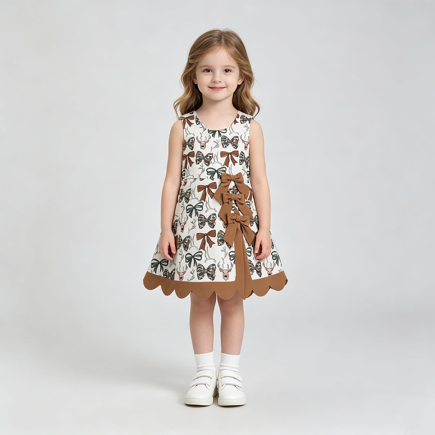 GSD4008  RTS NO MOQ （In stock） Yoga Baby Girls Camo Bow Deer Print Scallop Knee Length Yoga Active Dress