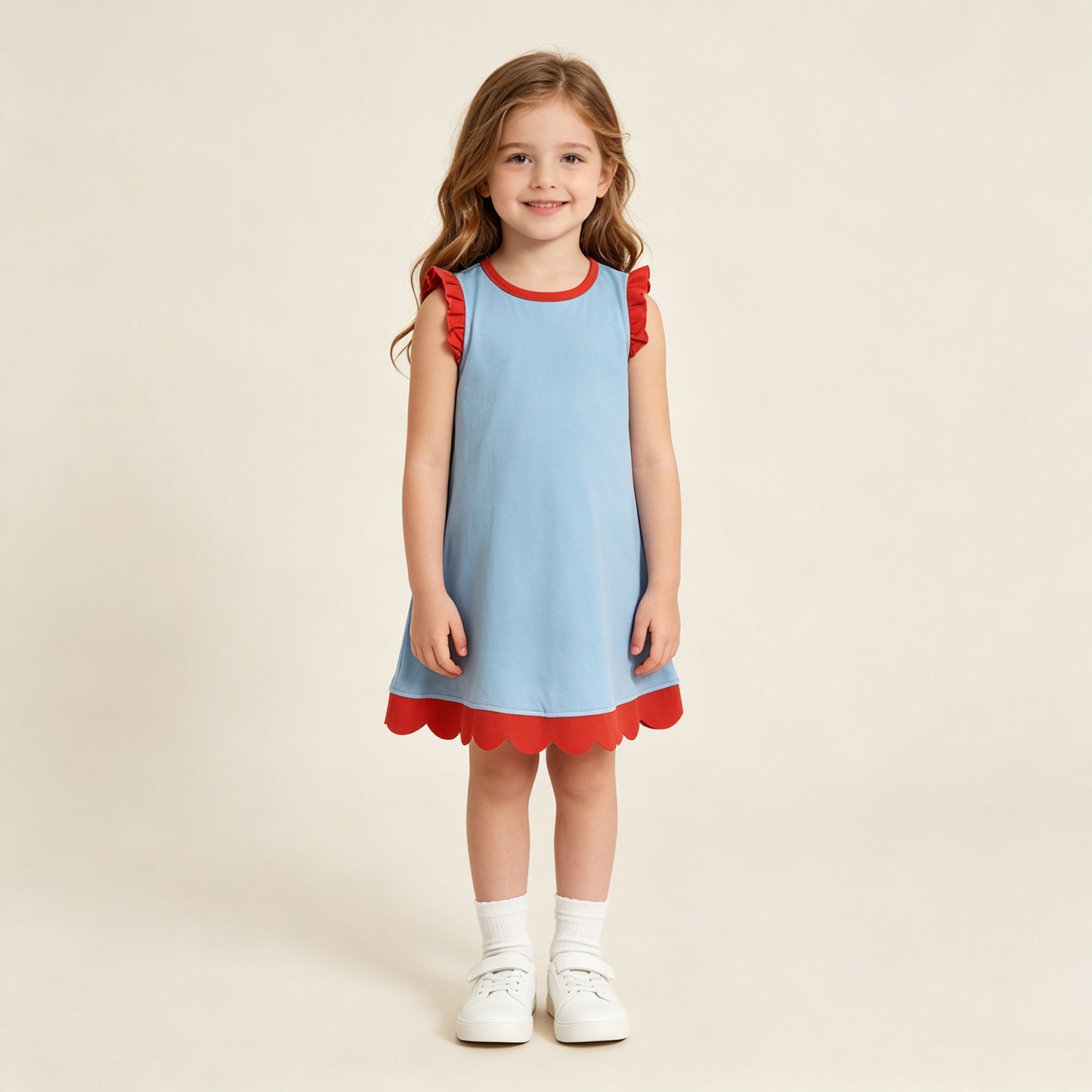 GSD4054 RTS NO MOQ （In stock）Scallop ruffle sleeveless light blue girls cotton dress