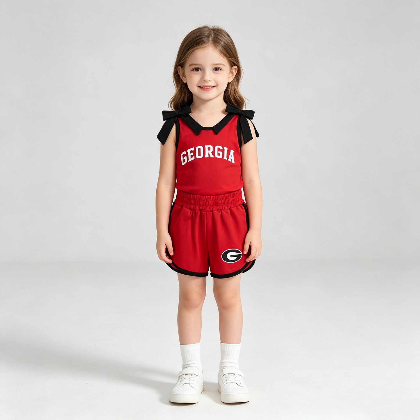 GSSO3834 RTS NO MOQ （In stock）Sleeveless black bow red top shorts G team girls outfits