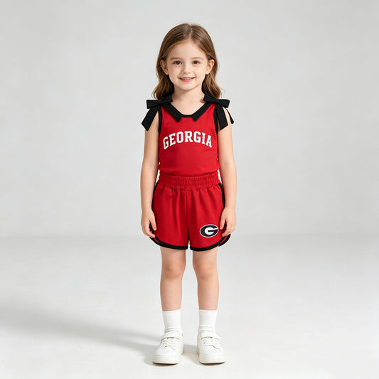 GSSO3834 RTS NO MOQ （In stock）Sleeveless black bow red top shorts G team girls outfits