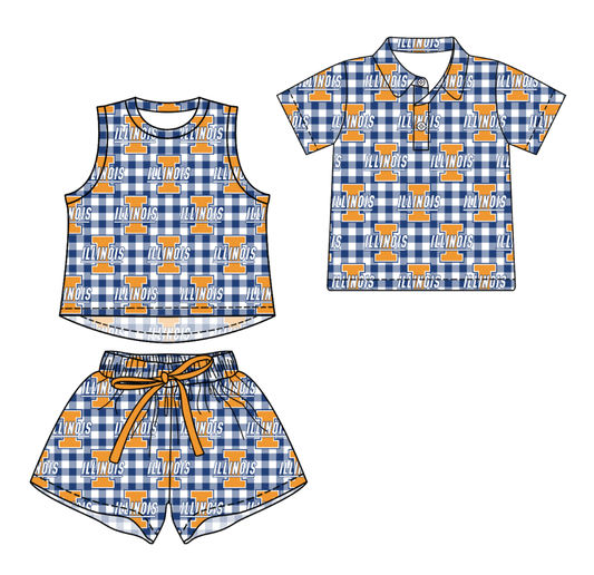 3.16 CUSTOM MOQ 5 Sibling Boys Baby Girls Summer Fashion Blue Check Sleeveless Top Shorts Button Polo Shirts Team Clothes Sets