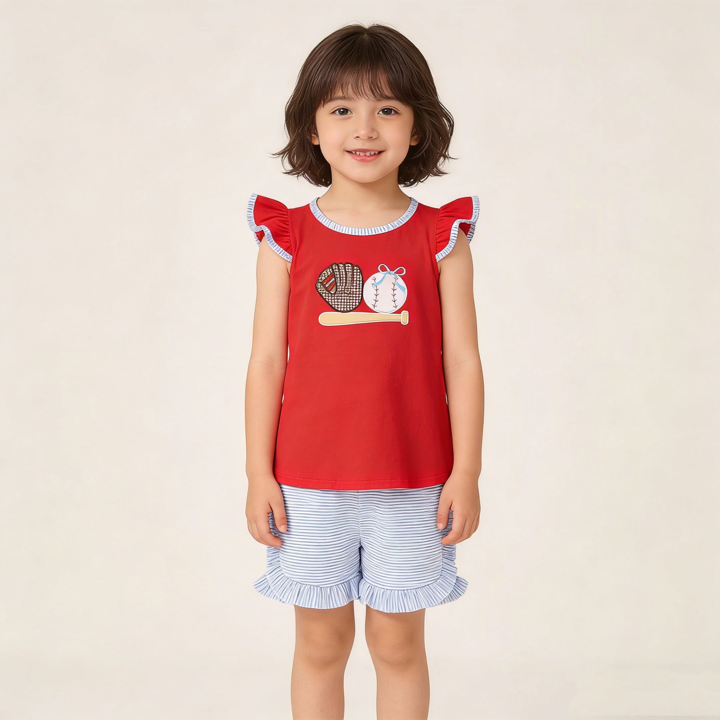 4.3 GSSO3246 RTS NO MOQ （In stock ）Baseball bow top stripe shorts girls summer outfit