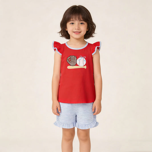 4.3 GSSO3246 RTS NO MOQ （In stock ）Baseball bow top stripe shorts girls summer outfit