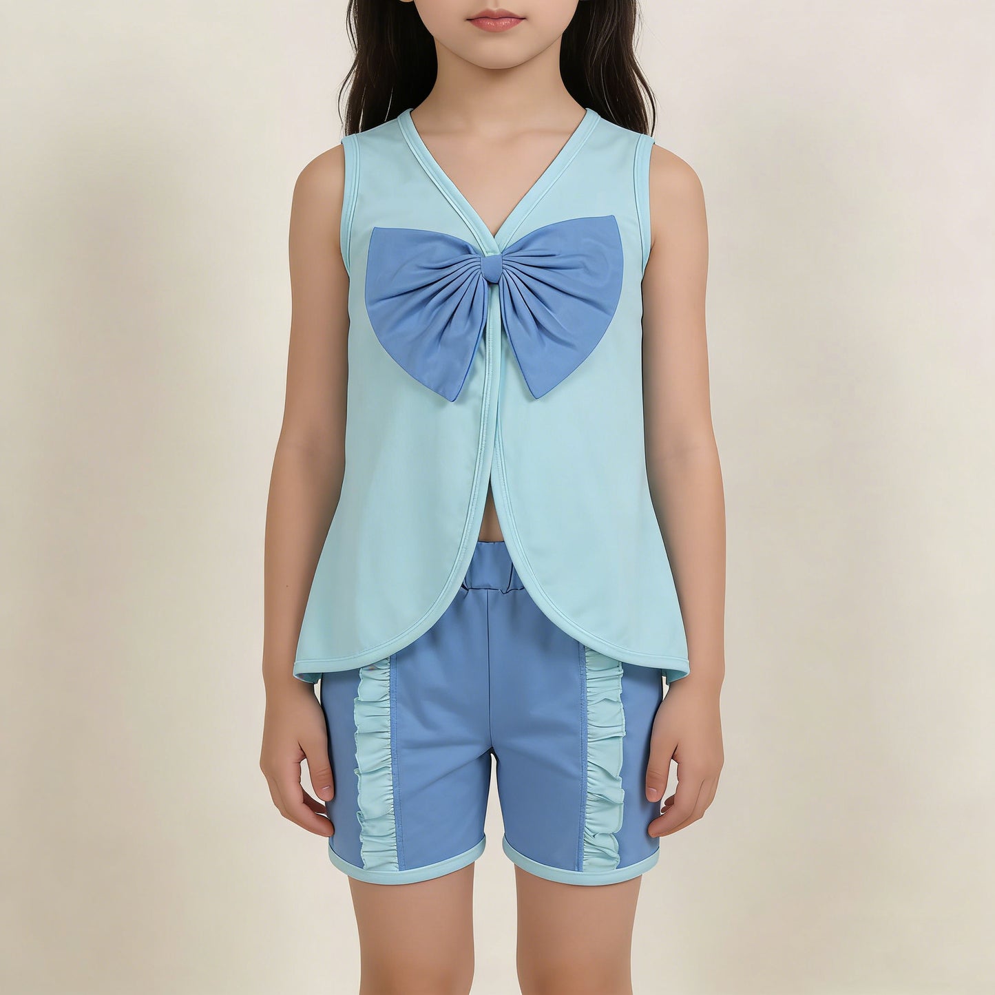 4.1 RTS NO MOQ （In stock）GSSO3463 Sleeveless bow tunic blue shorts girls summer outfits