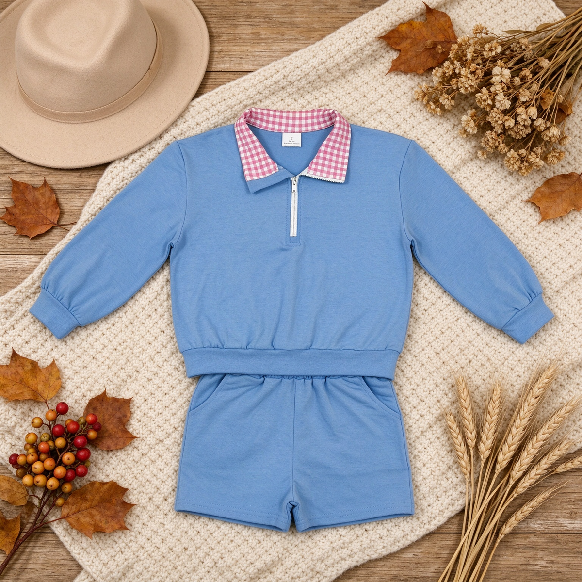RTS NO MOQ （In stock）cotton GLS0228 Baby Girls Blue Long Sleeve Zip Front Pullover Side Pockets Short Set