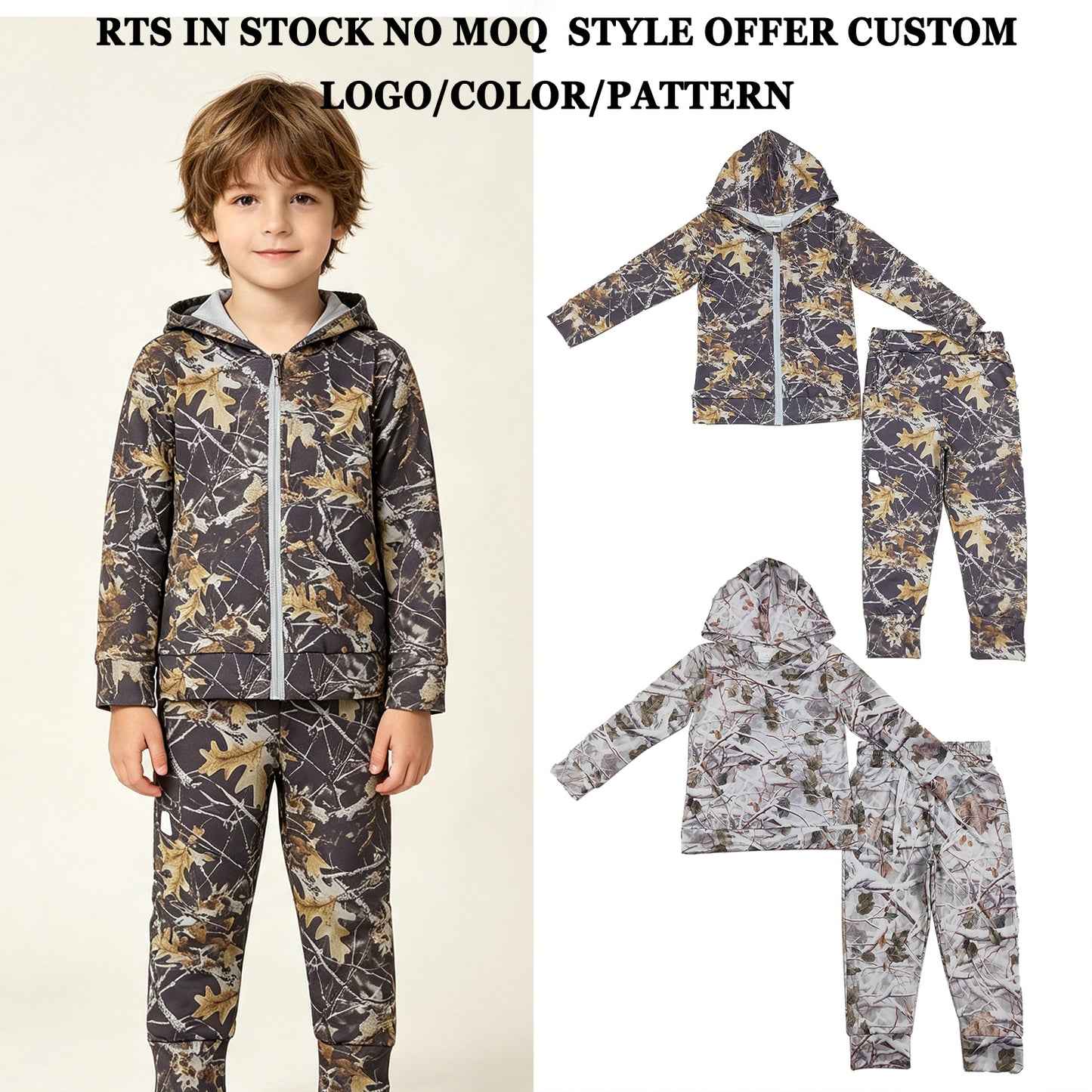 RTS NO MOQ Sibling milk silk Baby Boys Camo Pockets Hoodie Jogger Clothes Sets