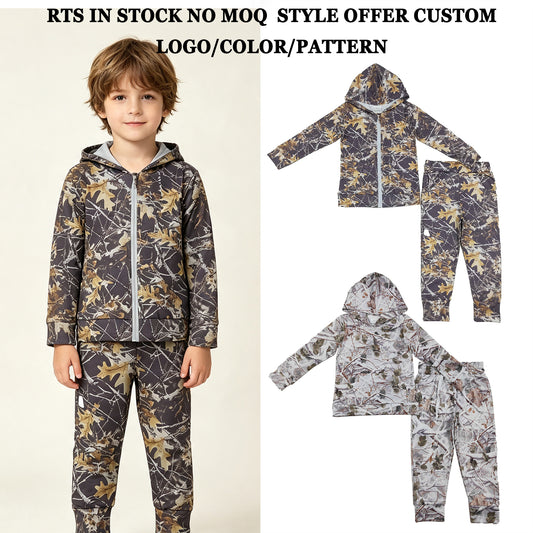 RTS NO MOQ Sibling milk silk Baby Boys Camo Pockets Hoodie Jogger Clothes Sets