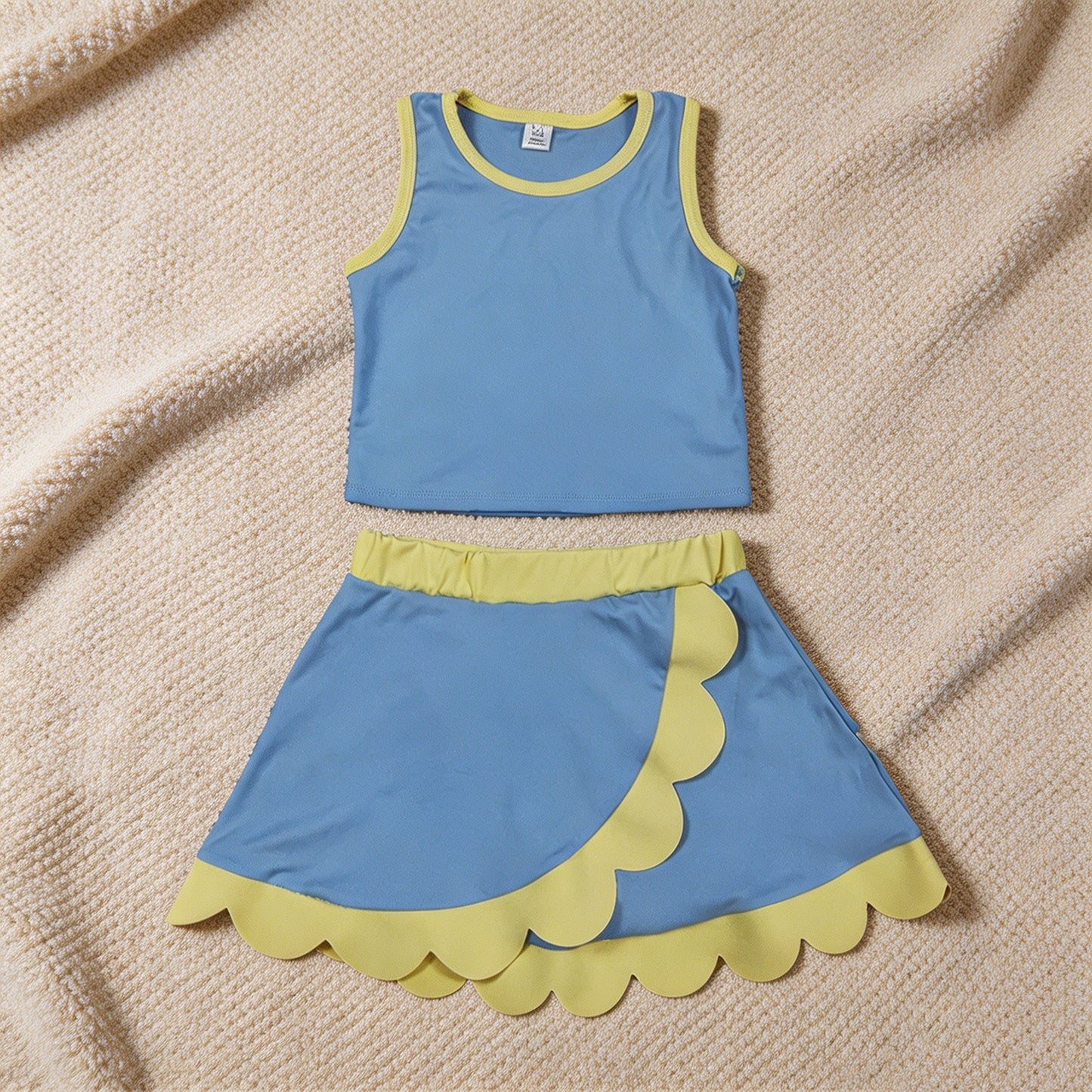 GSD4022 RTS NO MOQ （In stock）Sleeveless blue yellow scallop kids girls active wear set