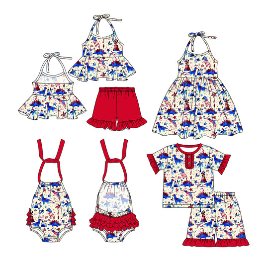 Girls Red Blue Dinosaur Halter Tunic Ruffle Shorts Outfit Set Cute Animal Print Halter Top Matching Ruffle Shorts