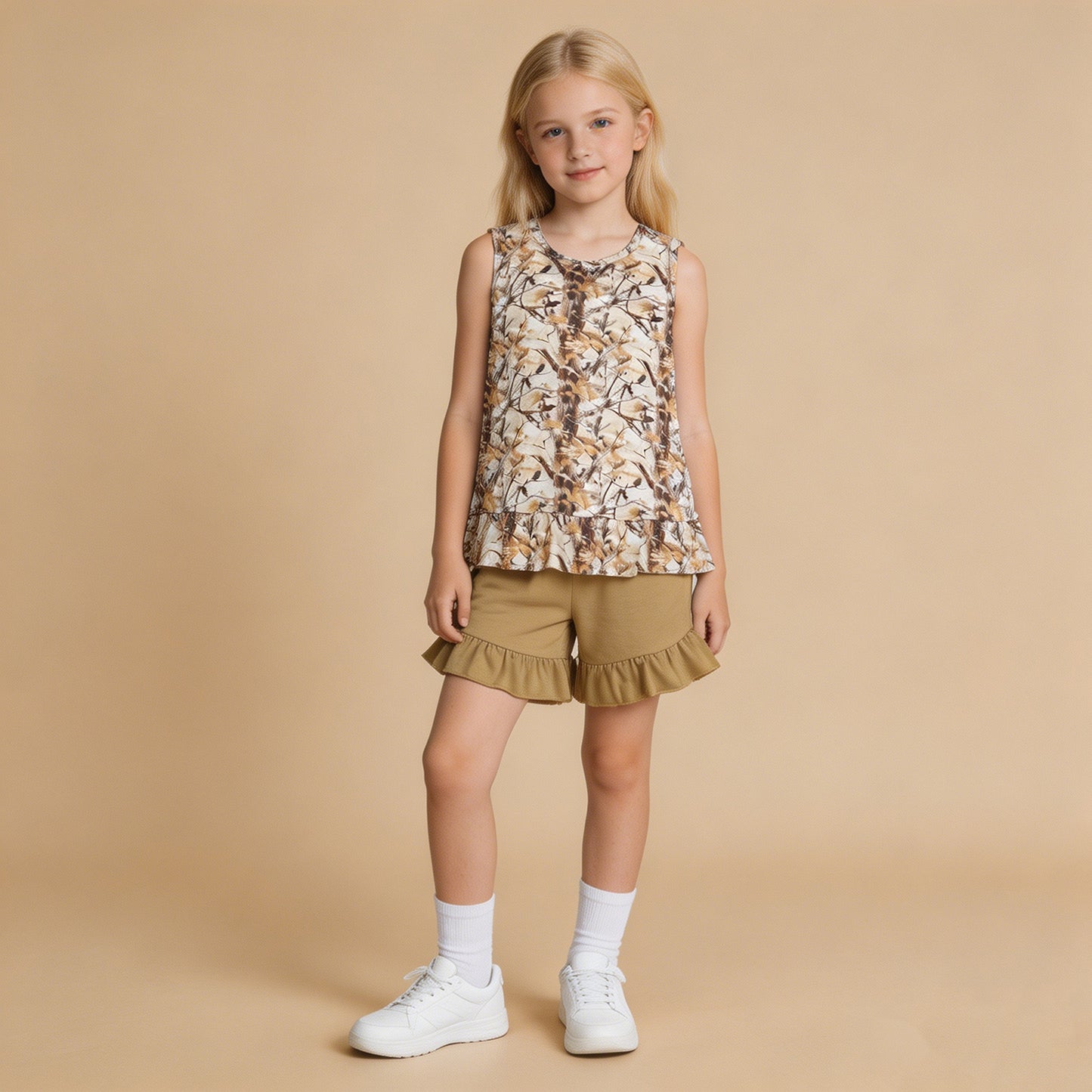 GSSO3467  RTS NO MOQ （In stock）Baby Girls Sleeveless Southern Leaves Camo Tunic Ruffle Shorts Clothes Sets