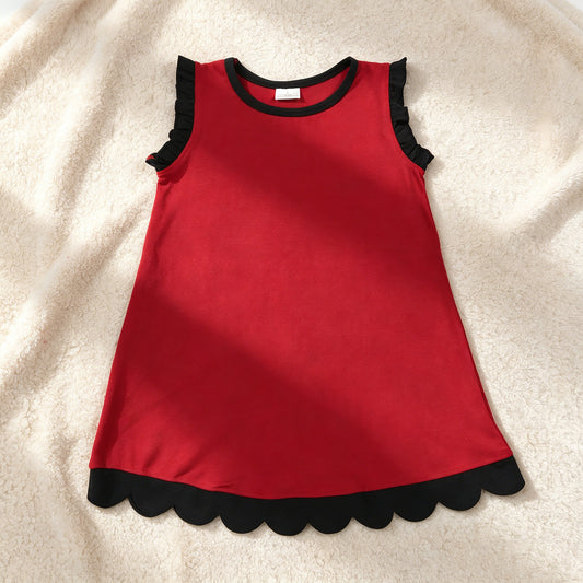 GSD4057 RTS NO MOQ （In stock）Black scallop ruffle sleeveless red girls cotton team dress