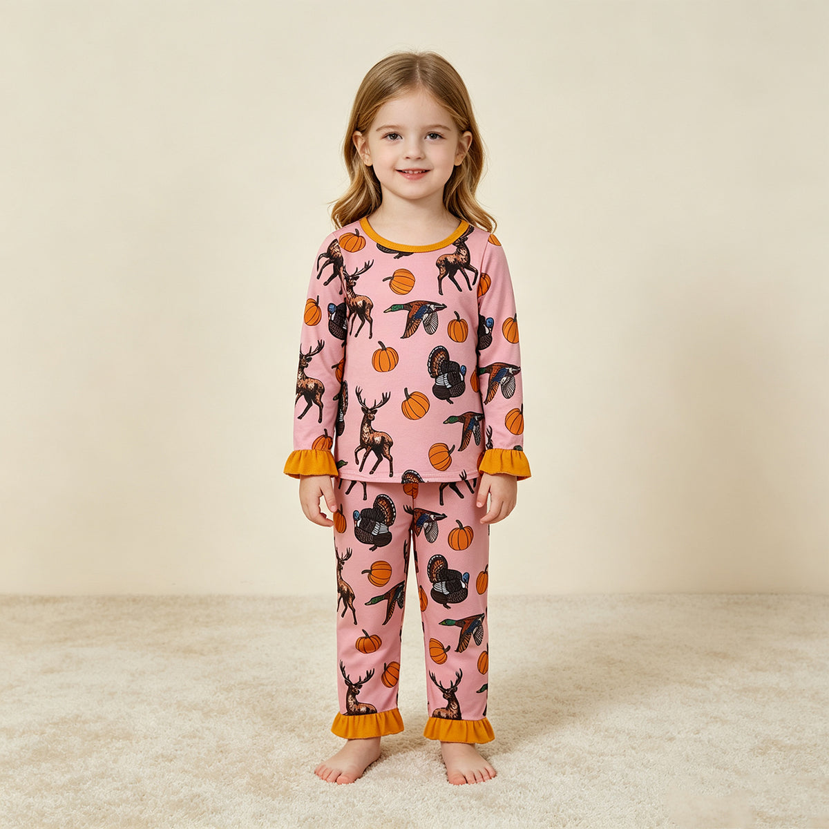 RTS NO MOQ milk silk GLP3655 Baby Girls Pumpkins Deer Top Ruffle Pant Thanksgivings Pajamas Sets
