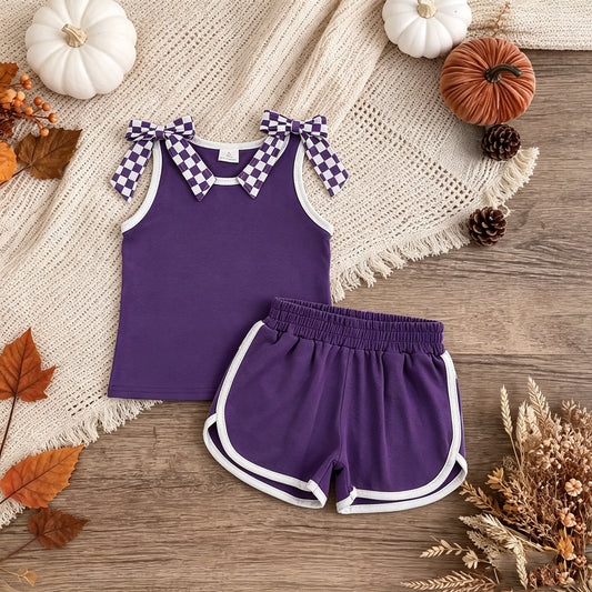 GSSO3814 RTS NO MOQ （In stock）cotton Baby Girls Purple Checked Bows Sleeveless Top Short Clothes Sets