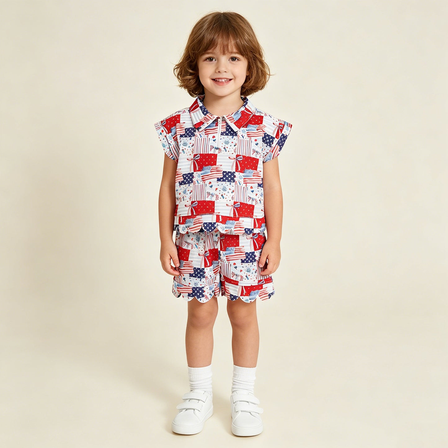 GSSO3599 RTS NO MOQ （In stock ）Flag bow scallop pullover shorts girls 4th of july outfits