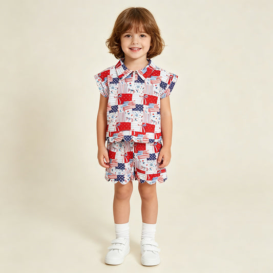 GSSO3599 RTS NO MOQ （In stock ）Flag bow scallop pullover shorts girls 4th of july outfits