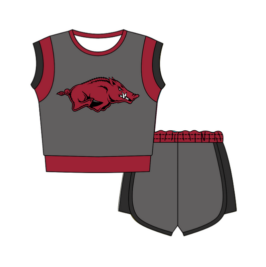 CUSTOM MOQ 5 Cute Comfortable Clothing For Kids Baby Kids Summer Gray Red Sleeveless Patchwork Top Shorts Clothes Sets