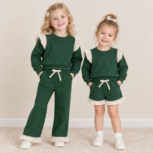 RTS NO MOQ Sibling cotton Baby Girls Dark Green Stripe Shirts Top Pockets Ruffle Pant Clothes Set