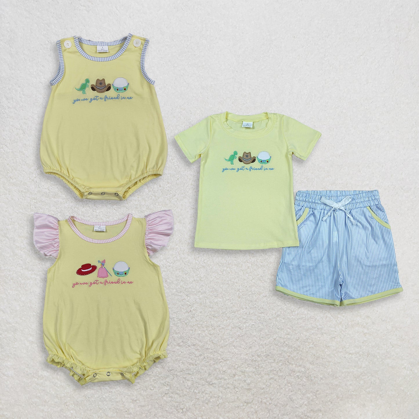 RTS Sibling Dinosaur embroidery top shorts kids summer outfits and romper
