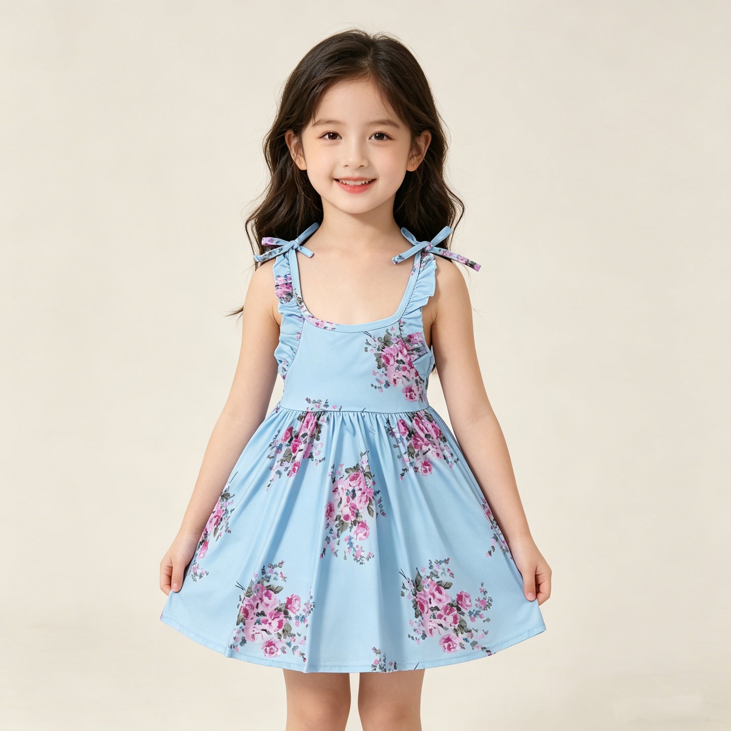4.11 GSD4088 RTS NO MOQ （In stock ）Baby Girls Blue Strap Flowers Knee Length Dresses