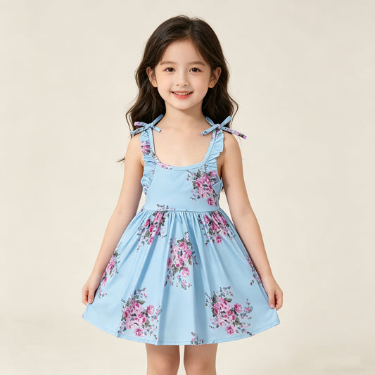 4.11 GSD4088 RTS NO MOQ （In stock ）Baby Girls Blue Strap Flowers Knee Length Dresses