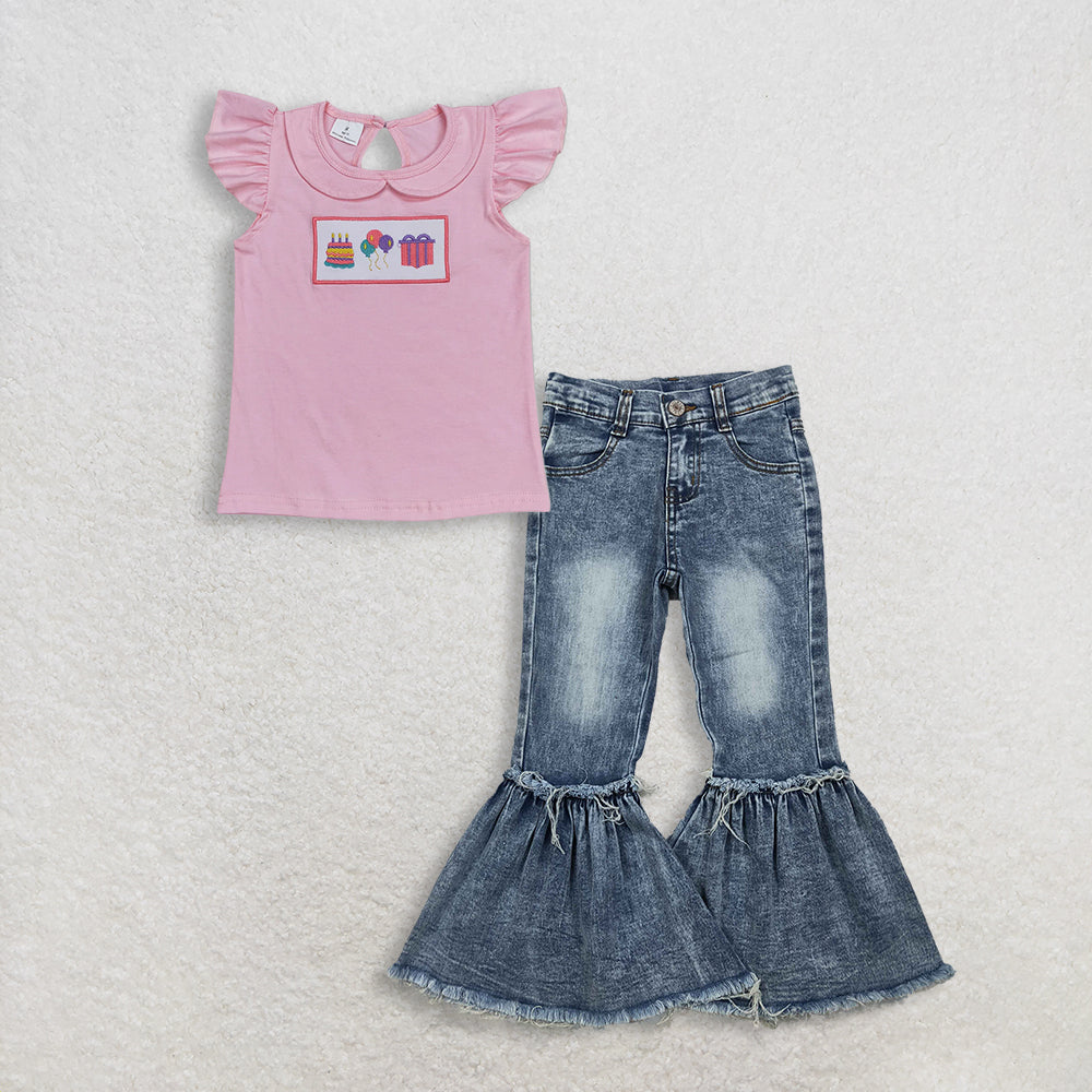 3.9 RTS NO MOQ （In stock）GT0501 + P0676 Baby Girls Birthday Pink Flutter Sleeve Tee Shirts Tops Navy Bleached Denim Flare Pants Jeans Clothes Sets