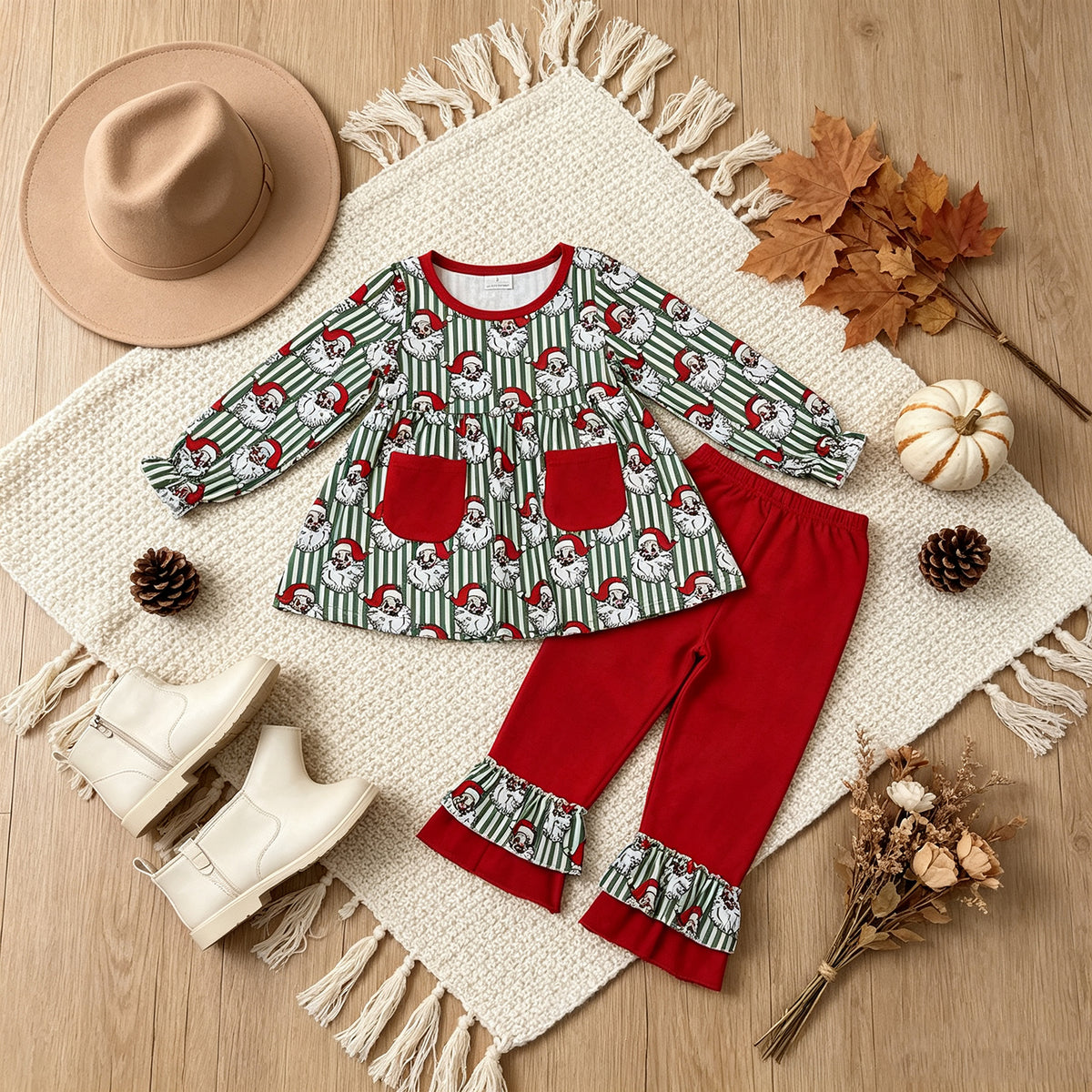 RTS NO MOQ （In stock）milk silk GLP3454 Baby Girls Green Stripe Santa Pockets Tunic Ruffle Pant Christmas Clothes Set