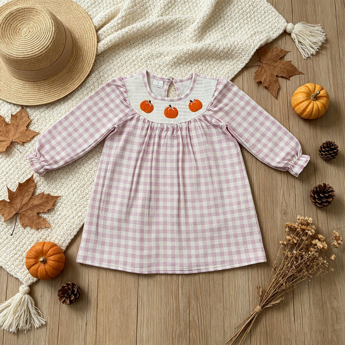 RTS NO MOQ （In stock）milk silk GLD1649 Smocked Pumpkins Baby Girls Pink Checked Fall Knee Length Dresses