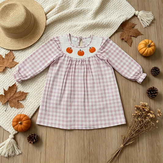RTS NO MOQ （In stock）milk silk GLD1649 Smocked Pumpkins Baby Girls Pink Checked Fall Knee Length Dresses