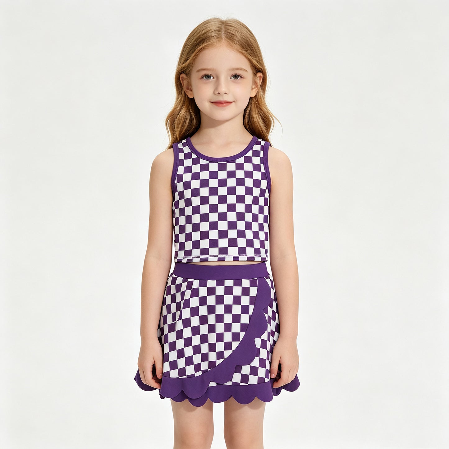 GSD4251 RTS NO MOQ （In stock） Yoga Baby Girls Purple Plaid Scallop Trim Vest Skort Daily Sports Active Set