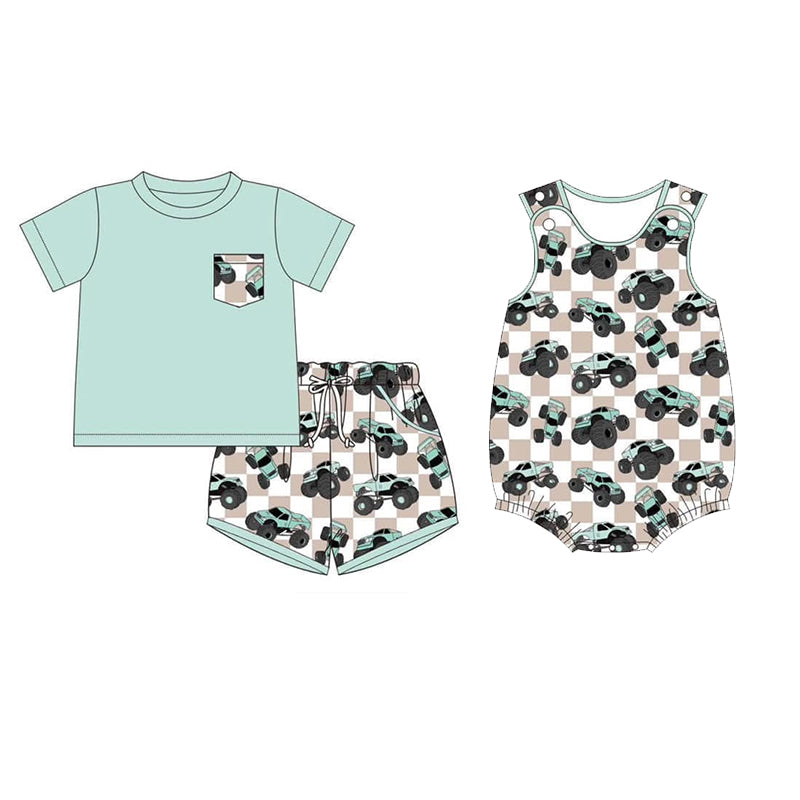 Boys Plaid Shorts Sleeve Pocket Top Trucks Pattern Children's Clothing Set Short Length Shirt Outfit for Kids