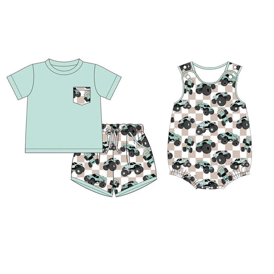 Boys Plaid Shorts Sleeve Pocket Top Trucks Pattern Children's Clothing Set Short Length Shirt Outfit for Kids