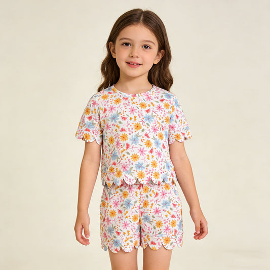 4.8 GSSO3269 RTS NO MOQ （In stock） Short sleeves floral bow scallop kids girls summer outfits