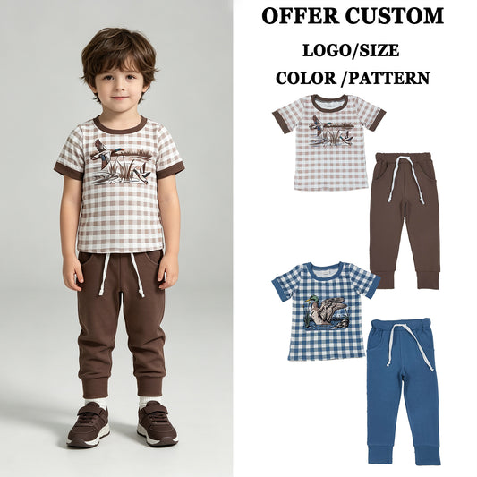 RTS NO MOQ Sibling milk silk Baby Boys Checked Ducks Top Pockets Jogger Hunting Clothes Sets