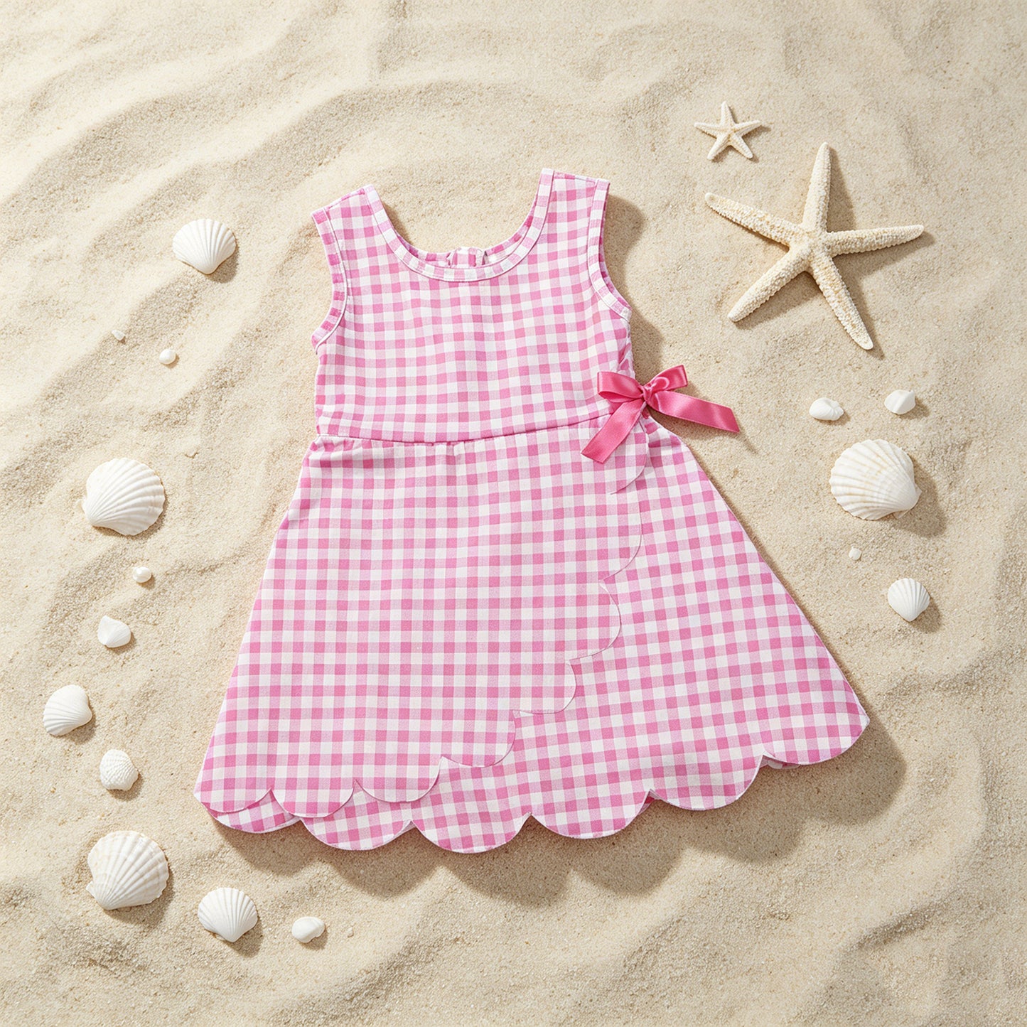 GSD3779 RTS NO MOQ （In stock ）Sleeveless pink plaid scallop kids girls athletic dress