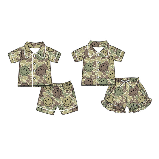 Baby Boys and Girls Green Camo Smile Buttons Top Shorts Pajamas Clothes Sets Preorder