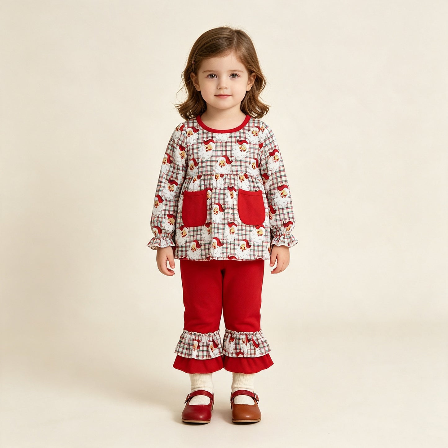 GLP3457 RTS NO MOQ （In stock）milk silk Baby Girls Red Green Checked Santa Print Pocket Long Sleeve Tunic Ruffle Pants Christmas Clothes Set