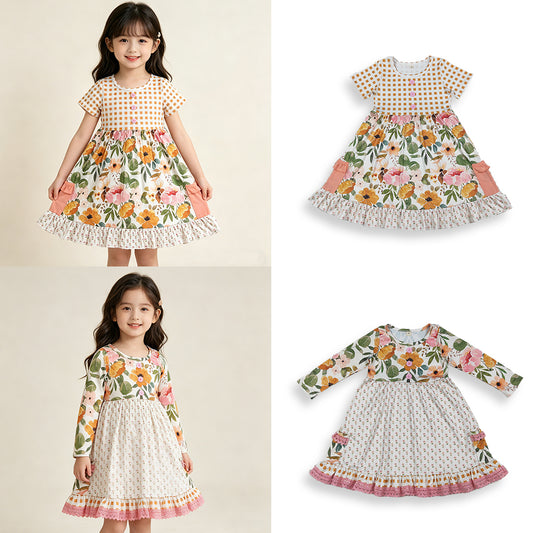 4.11  RTS NO MOQ （In stock ）Plaid short and long sleeves pocket ruffle kids girls summer dress