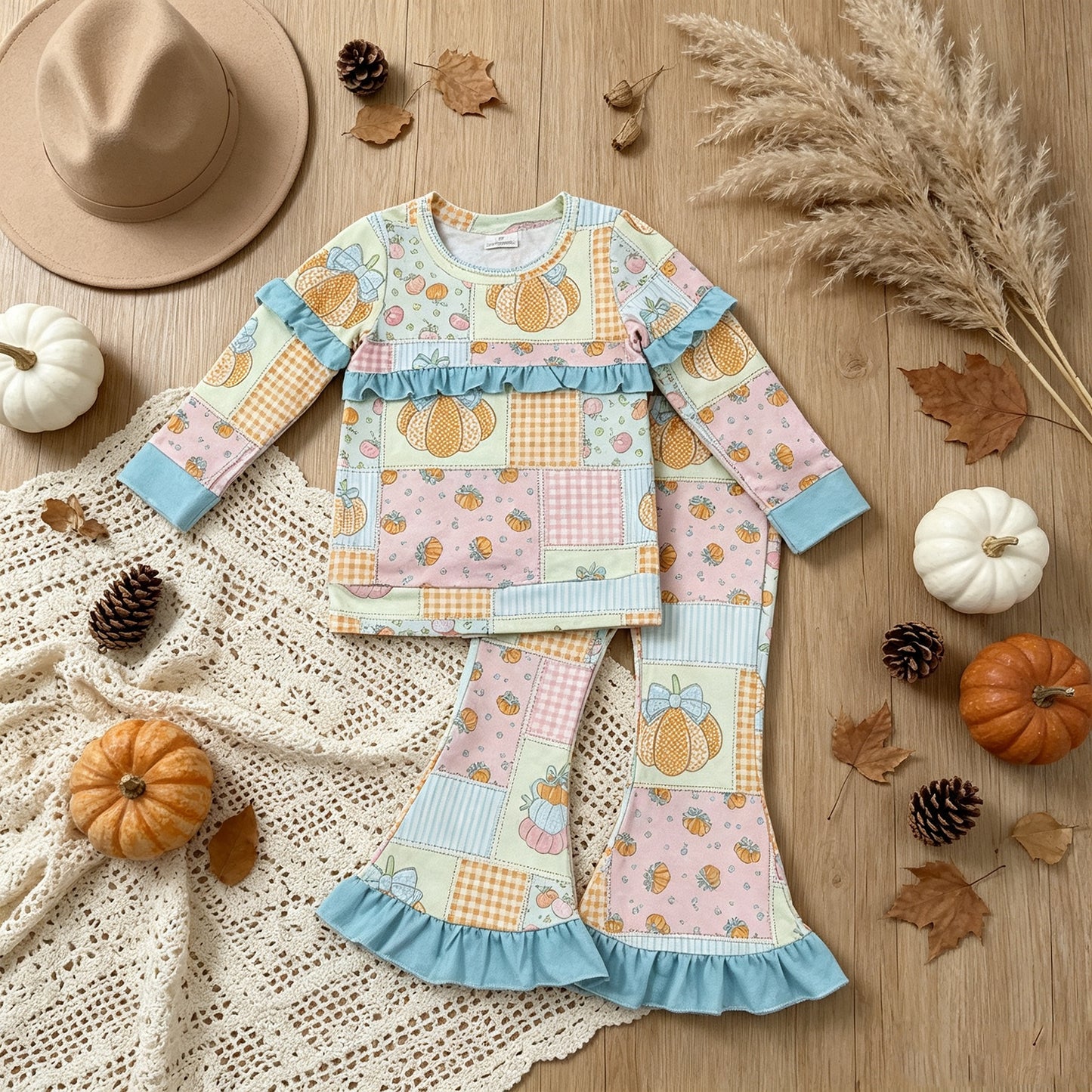 GLP3503 RTS NO MOQ （In stock）milk silk Baby Girls Flowers Bows Pumpkins Top Flare Ruffle Pant Fall Clothes Sets