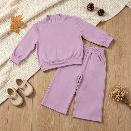 RTS NO MOQ （In stock）cotton GLP3470 Baby Girls Lavender Pocket Long Sleeve Top Flare Pants Set Casual Sleepwear
