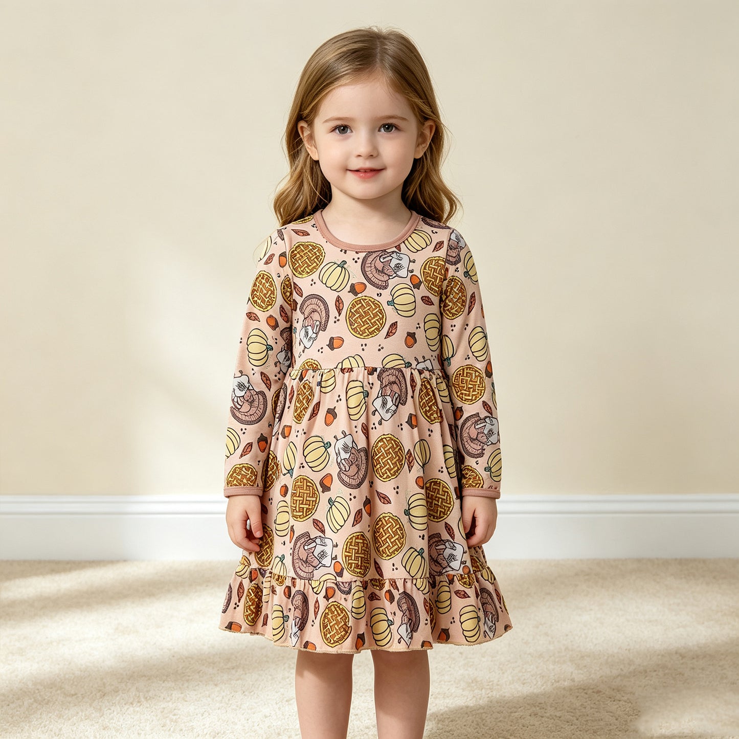 RTS NO MOQ （In stock）milk silk GLD1691 Baby Girls Pumpkins Turkey Thanksgivings Ruffle Knee Length Dress