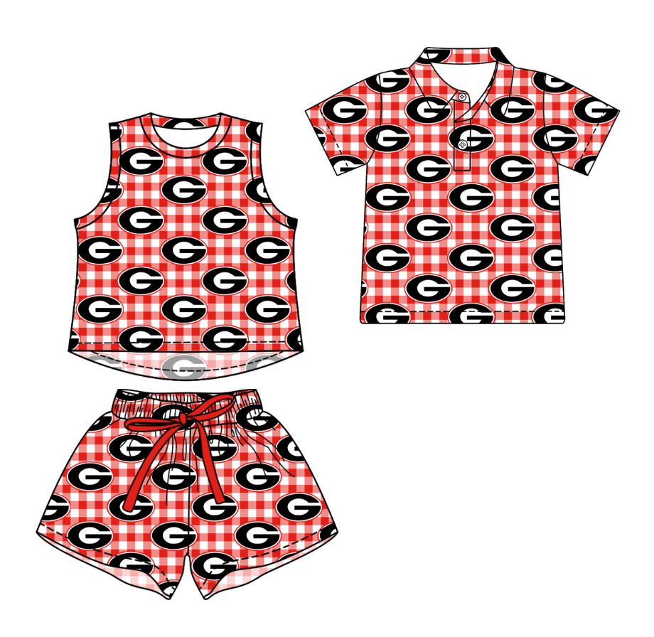 3.13 CUSTOM MOQ 5 Sibling Boys Baby Girls Summer Fashion Red Check G Sleeveless Top Shorts Button Polo Shirts Team Clothes Sets