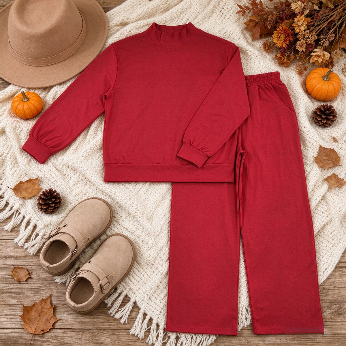 RTS NO MOQ （In stock）cotton GLP3417 Adult Women Maroon Long Sleeve Top And Flare Pant Fall Pajamas Set