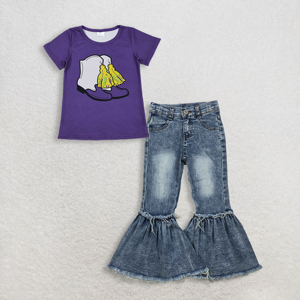 3.3 RTS NO MOQ （In stock）GT1254 + P0676 Baby Girls Summer Mardi Gras Purple Boots Top Denim Jeans Pants Clothes Sets