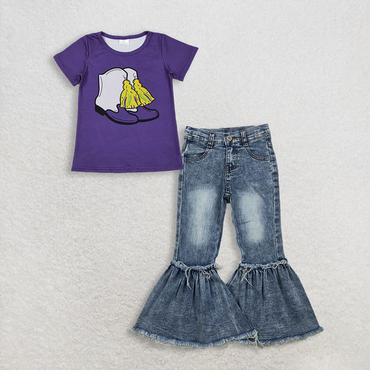 3.3 RTS NO MOQ （In stock）GT1254 + P0676 Baby Girls Summer Mardi Gras Purple Boots Top Denim Jeans Pants Clothes Sets