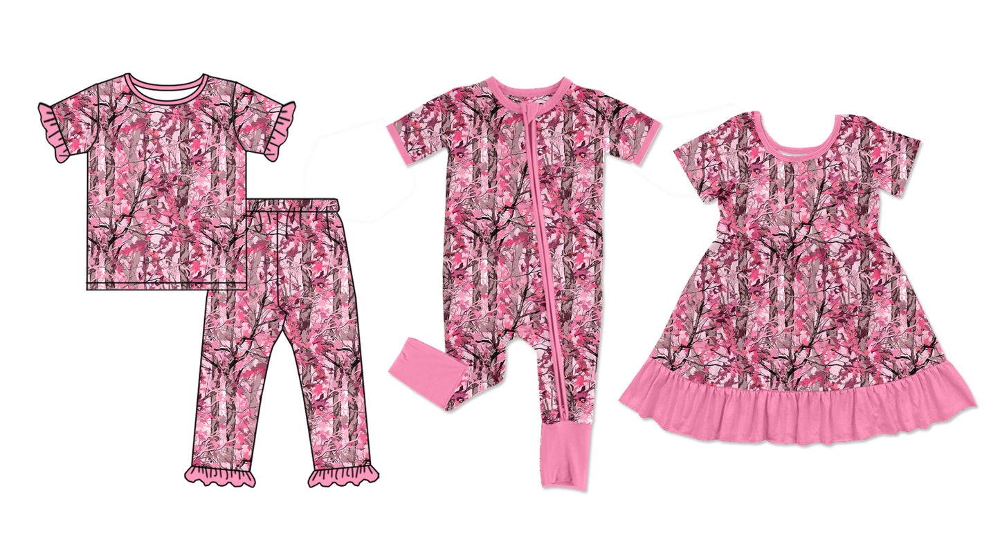 4.21 Pre order No Moq Baby Girls Short Sleeve Pink Leaves Camo Top Ruffle Pant Pajamas Sets dress and romper