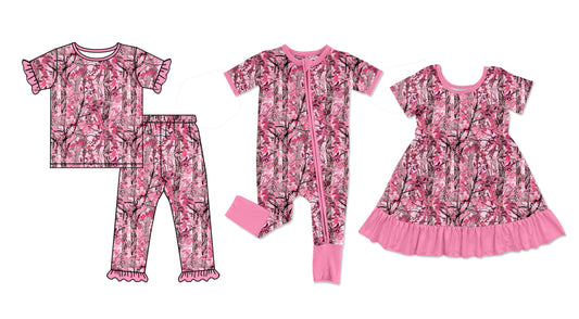4.21 Pre order No Moq Baby Girls Short Sleeve Pink Leaves Camo Top Ruffle Pant Pajamas Sets dress and romper